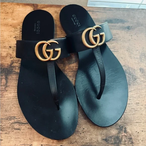 Gucci GG Marmont Leather Thong Sandals • Black • Size 39 - Picture 3 of 8